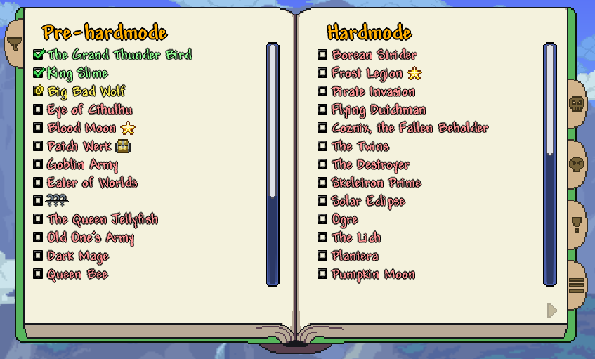 Terraria checklist. Boss Checklist Terraria. Террария мод Boss Highlights. Boss Checklist. Boss check list.